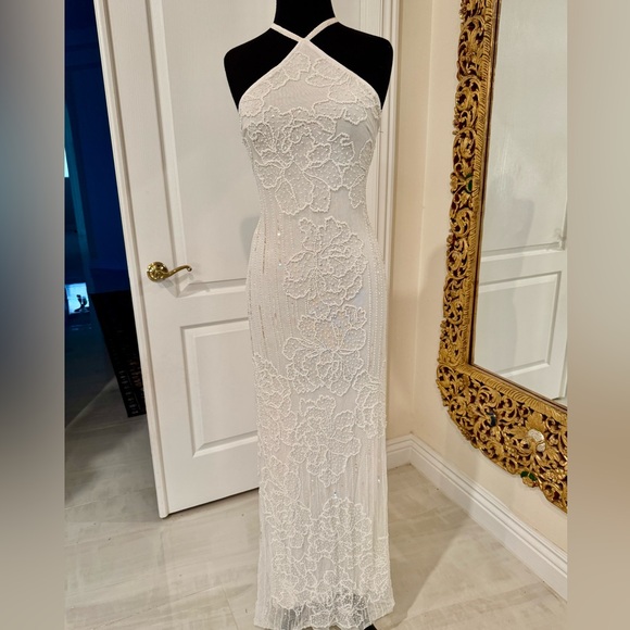 Elegant hand beaded intricate White Halter Dress - Picture 6 of 11
